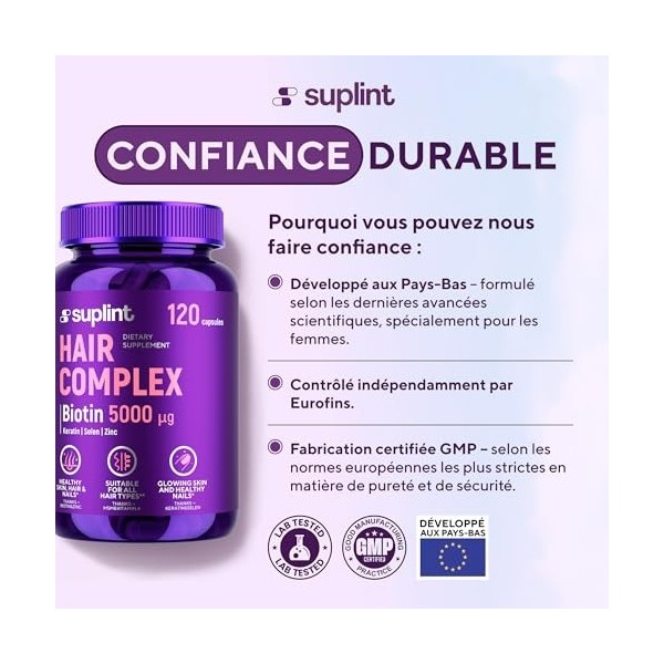 Complément Alimentaire Cheveux – Biotine 5000 µg + MSM + Kératine – Pousse Cheveux Très Rapide & Anti-Chute de Cheveux Femme ...
