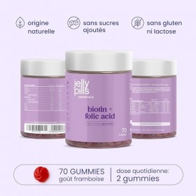 Jelly Pills Gummies Biotine 10 000 mcg + Acide Folique & Zinc – 60 Gummies Véganes – Sans Sucres Ajoutés – Goût Framboise – C