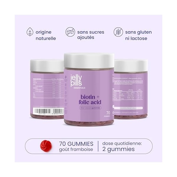 Jelly Pills Gummies Biotine 10 000 mcg + Acide Folique & Zinc – 60 Gummies Véganes – Sans Sucres Ajoutés – Goût Framboise – C