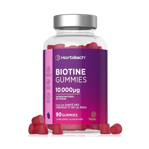 Biotine 10000 mcg Gummies | 90 Gommes Végan | Vitamines pour Cheveux Peau et Ongles | Saveur Naturel de Fraise | par Horbaach