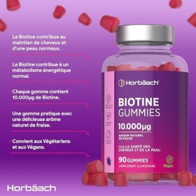 Biotine 10000 mcg Gummies | 90 Gommes Végan | Vitamines pour Cheveux Peau et Ongles | Saveur Naturel de Fraise | par Horbaach