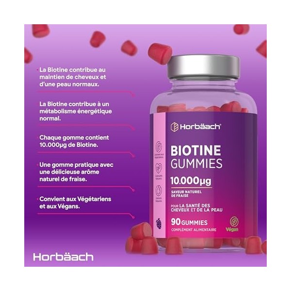 Biotine 10000 mcg Gummies | 90 Gommes Végan | Vitamines pour Cheveux Peau et Ongles | Saveur Naturel de Fraise | par Horbaach