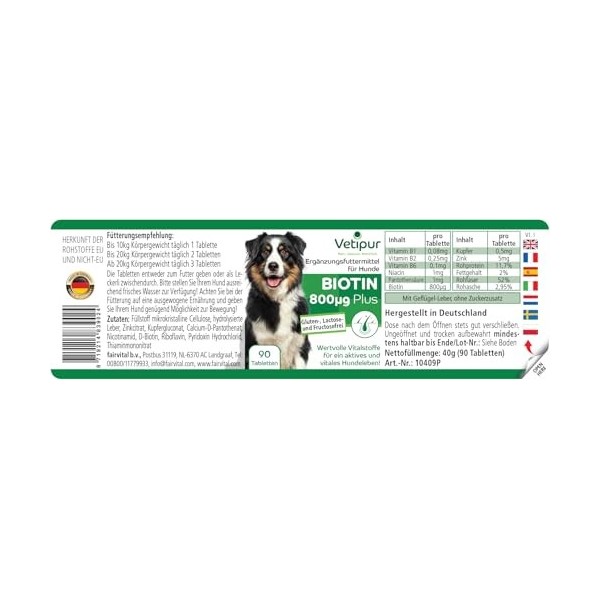 Vetipur Biotine 800µg - 90 Comprimés pour Chiens