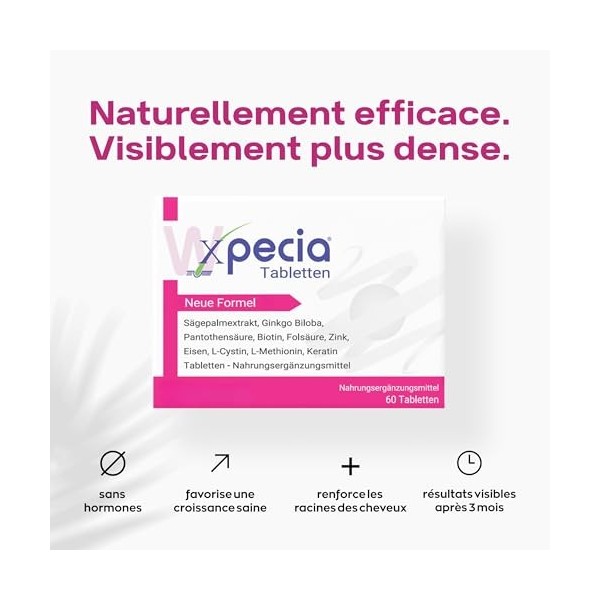 Xpecia Bloqueur DHT avec biotine et extrait de palmier de scie - Contre la chute des cheveux pour les femmes - racine de gink...