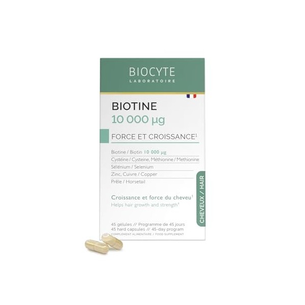Biotine 10 000 µG - Complement Alimentaire Pousse Cheveux - Zinc, Selenium, Cuivre - Programme 45 Jours