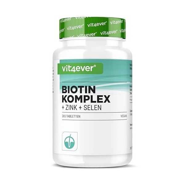 Complexe Biotine + Sélénium + Zinc pour la peau, les cheveux & les ongles - 365 comprimés - Sans additifs indésirables - Haut