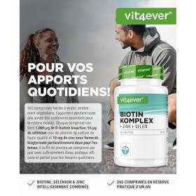 Complexe Biotine + Sélénium + Zinc pour la peau, les cheveux & les ongles - 365 comprimés - Sans additifs indésirables - Haut