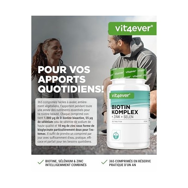 Complexe Biotine + Sélénium + Zinc pour la peau, les cheveux & les ongles - 365 comprimés - Sans additifs indésirables - Haut