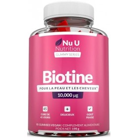 Biotine 10 000 µg - 90 Gommes Vegan – Goût Fraise – Favorise la pousse des Cheveux et Ongle, Peau – Vitamines à Mâcher – Fabr