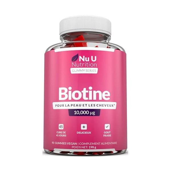 Biotine 10 000 µg - 90 Gommes Vegan – Goût Fraise – Favorise la pousse des Cheveux et Ongle, Peau – Vitamines à Mâcher – Fabr