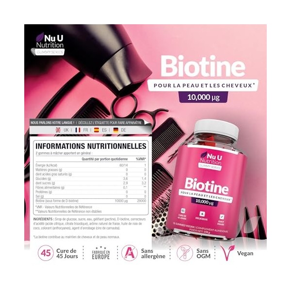 Biotine 10 000 µg - 90 Gommes Vegan – Goût Fraise – Favorise la pousse des Cheveux et Ongle, Peau – Vitamines à Mâcher – Fabr