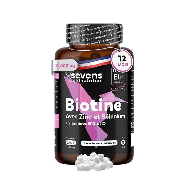 Biotine 10000 mcg Cheveux Peau Ongles – Complément avec Zinc Sélénium Vitamines B12 D – 365 comprimés – Sans Gluten Lactose –