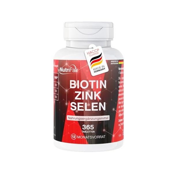 Biotine + zinc + sélénium - 365 comprimés - Peau, cheveux et ongles - Hautement dosé - 100% végétalien – Fabrication et contr