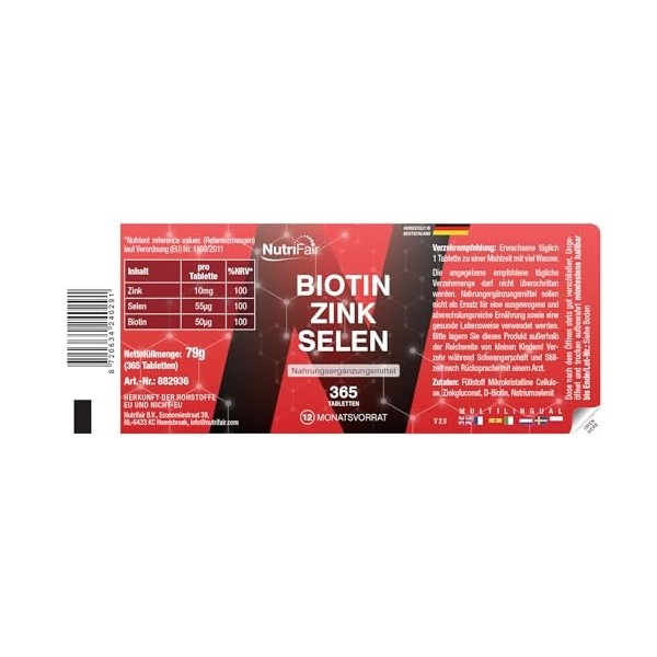 Biotine + zinc + sélénium - 365 comprimés - Peau, cheveux et ongles - Hautement dosé - 100% végétalien – Fabrication et contr