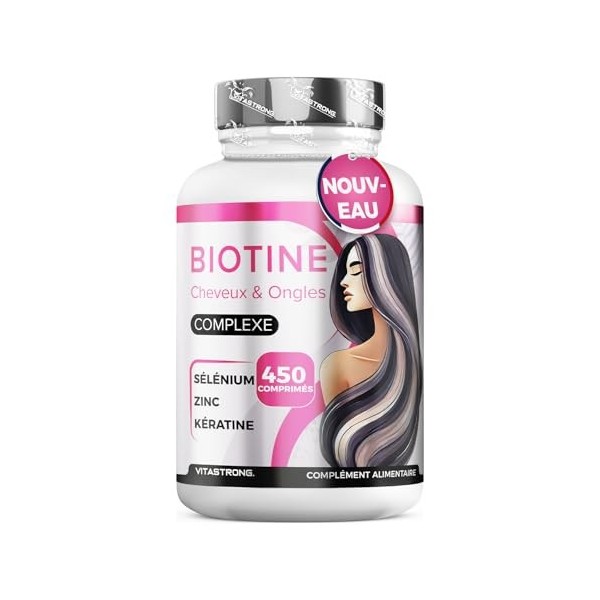 Biotine Cheveux Vitastrong 450 Comprimés Haute Dosage 15 Mois Biotine Complex Premium avec Kératine Cheveux, Sélénium, Zinc