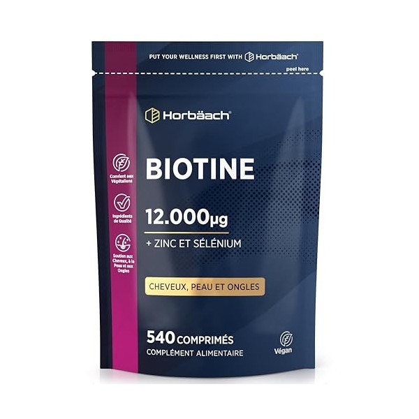 Biotine 12000 mcg Extra Fort | 540 Comprimés Vegan | Complexe Avec Zinc et Sélénium | Complément Alimentaire Pour Cheveux Pea