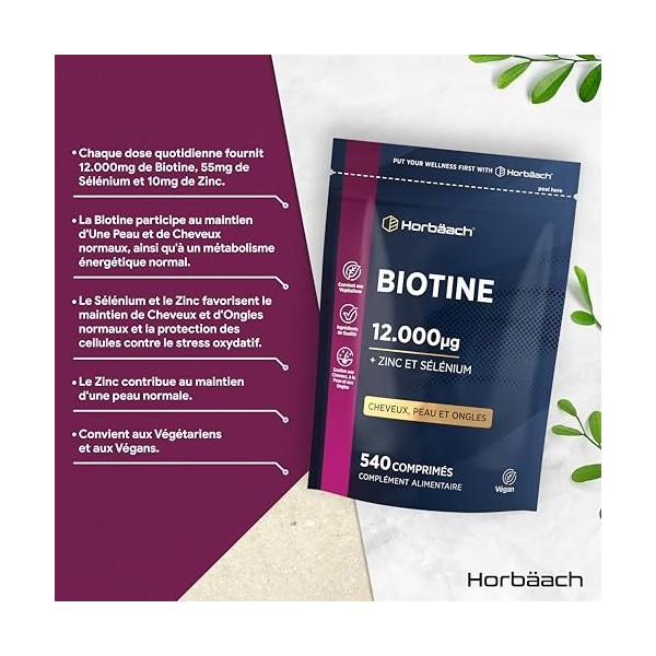 Biotine 12000 mcg Extra Fort | 540 Comprimés Vegan | Complexe Avec Zinc et Sélénium | Complément Alimentaire Pour Cheveux Pea
