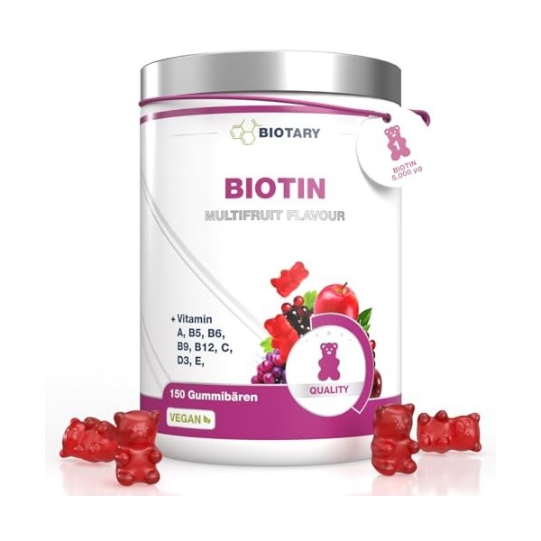 BIOTARY Biotine 150 oursons gélifiés 5 000 μg Approvisionnement pour 5 mois Vitamines A, B5, B6, B9, B12, C, D3, E, zinc Save