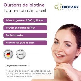 BIOTARY Biotine 150 oursons gélifiés 5 000 μg Approvisionnement pour 5 mois Vitamines A, B5, B6, B9, B12, C, D3, E, zinc Save