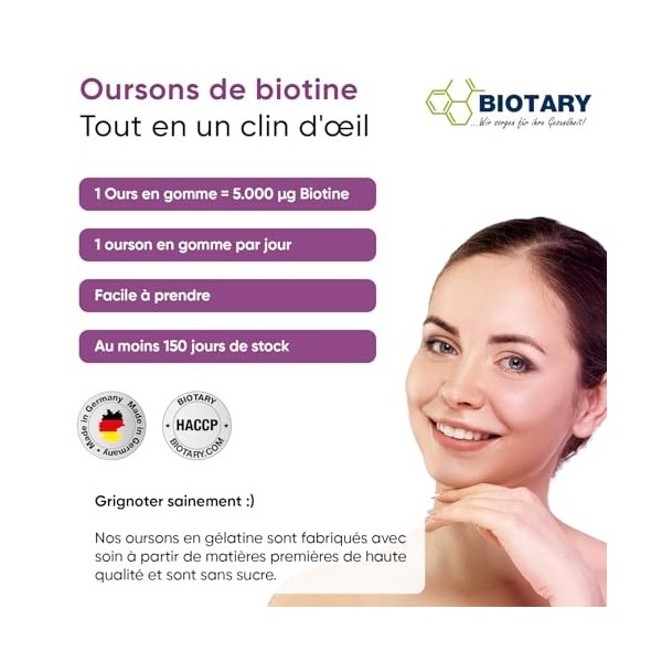 BIOTARY Biotine 150 oursons gélifiés 5 000 μg Approvisionnement pour 5 mois Vitamines A, B5, B6, B9, B12, C, D3, E, zinc Save
