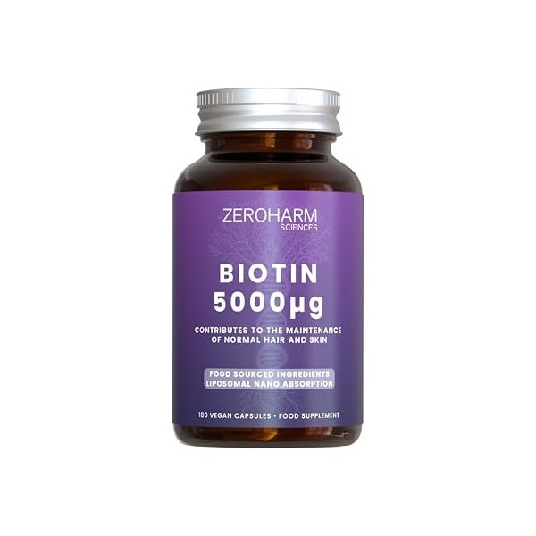 ZEROHARM Biotine 5000 mcg – Biotine végétale issue dextraits naturels – Vitamine pour les cheveux, la peau et les ongles – A