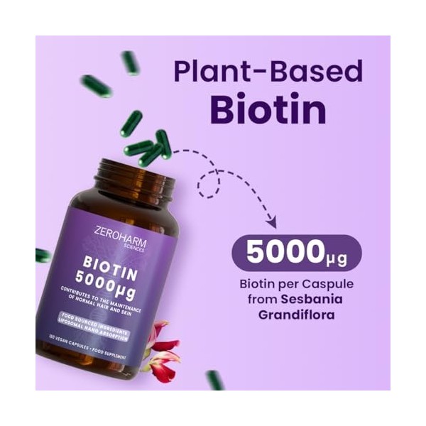 ZEROHARM Biotine 5000 mcg – Biotine végétale issue dextraits naturels – Vitamine pour les cheveux, la peau et les ongles – A