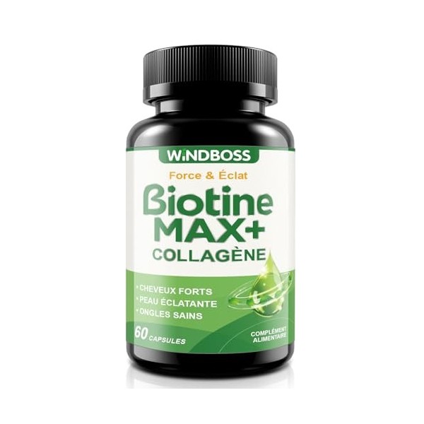 WindBoss Biotine - Pour la Santé des Cheveux, de la Peau et des Ongles pour Hommes et Femmes - Sans Additifs Inutiles - 60 Ca