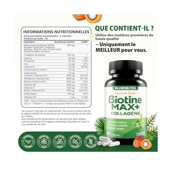 WindBoss Biotine - Pour la Santé des Cheveux, de la Peau et des Ongles pour Hommes et Femmes - Sans Additifs Inutiles - 60 Ca