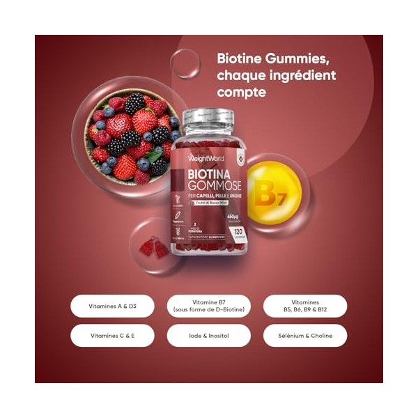 Biotine Gummies, 120 Gommes à lArôme Naturel de Baies Mélangées - Selon lEFSA, la biotine contribue au maintien dune cheve