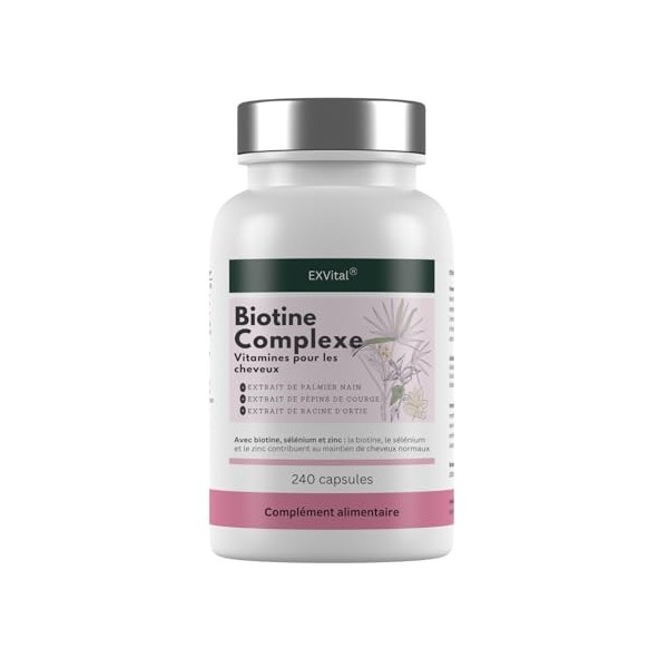 EXVital Biotine Complexe, Vitamines pour les cheveux, Avec extraits de palmier nain, de pépins de courge et de racine d’ortie