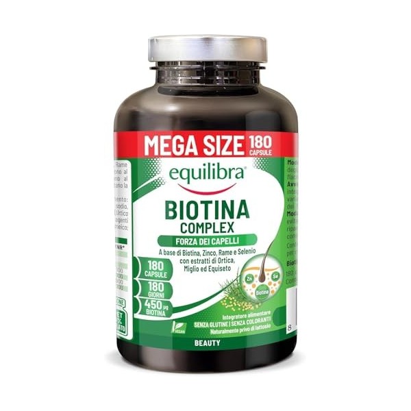 Equilibra Biotine Hautement Dosée 450 mcg, pour les Cheveux et les Ongles, avec Zinc, Cuivre, Sélénium, Extraits d’Ortie, de