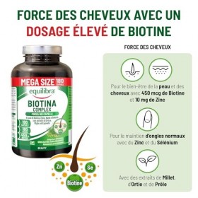 Equilibra Biotine Hautement Dosée 450 mcg, pour les Cheveux et les Ongles, avec Zinc, Cuivre, Sélénium, Extraits d’Ortie, de 