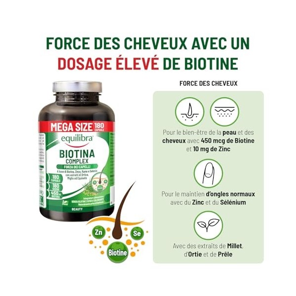 Equilibra Biotine Hautement Dosée 450 mcg, pour les Cheveux et les Ongles, avec Zinc, Cuivre, Sélénium, Extraits d’Ortie, de