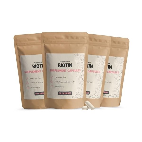 Cupplement 240 Gélules de Biotine – 3+1 Sachet Offert – 10000 mcg par Gélule – Super-aliment – Complément – Poudre – 5 mg – 1