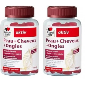 Doppelherz Peau+Ongles+Cheveux - Gummies à mâcher vegan - Avec zinc, biotine, vitamines A, C, E & B6-60 gummies Lot de 2 Vit...