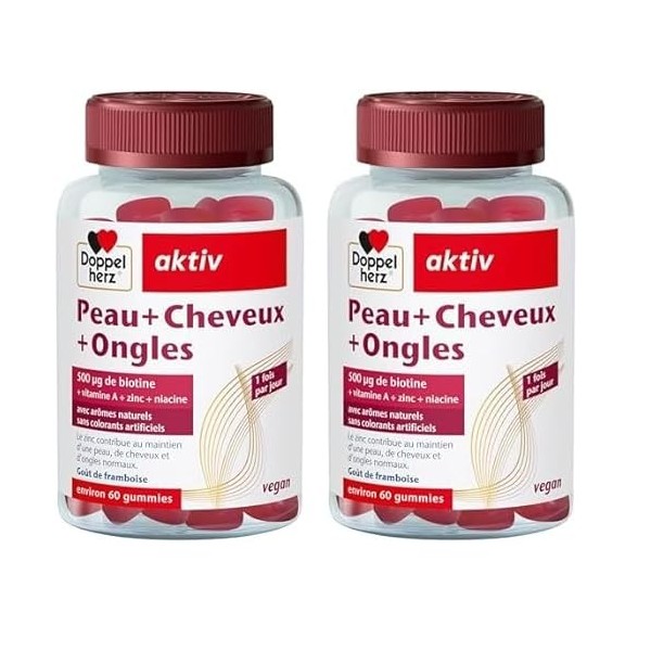 Doppelherz Peau+Ongles+Cheveux - Gummies à mâcher vegan - Avec zinc, biotine, vitamines A, C, E & B6-60 gummies Lot de 2 Vit...