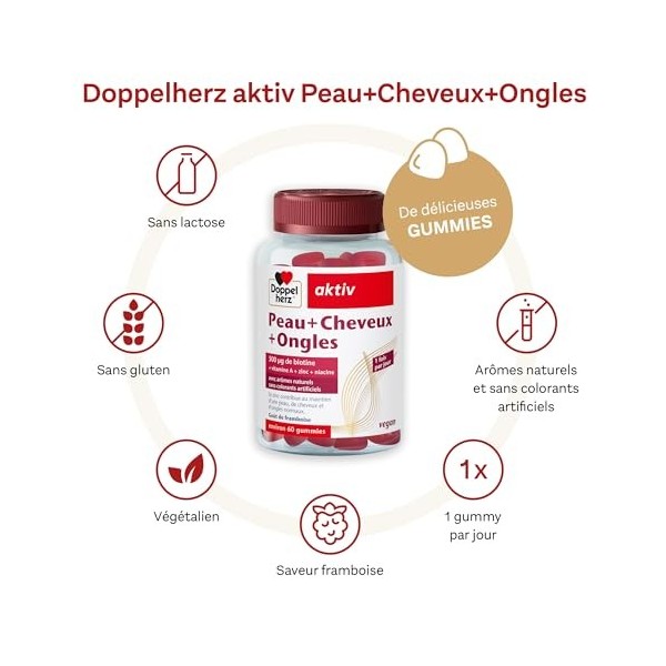 Doppelherz Peau+Ongles+Cheveux - Gummies à mâcher vegan - Avec zinc, biotine, vitamines A, C, E & B6-60 gummies Lot de 2 Vit...