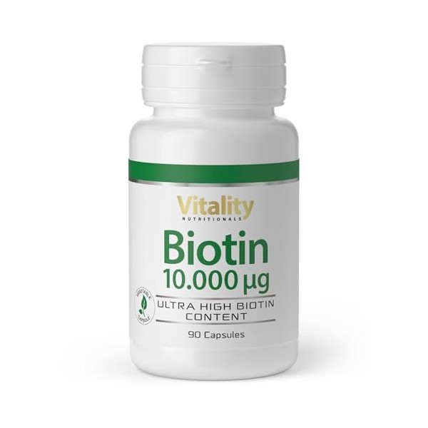 Biotin Hautement Dosé 10 mg / 10000 mcg Gélules Vitamine B7 pour Cheveux, Ongles et Peau Vegan 90 Pièces Complément Alimentai
