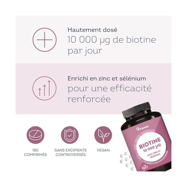 Biotine 10 000µg avec Sélénium & Zinc - Accélère la Pousse des Cheveux & des Ongles - Dosage élevé - Avec Vitamine B8-180 com