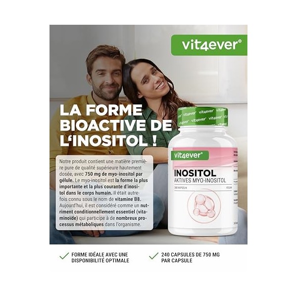Myo-inositol 1500 mg par jour – 240 gélules véganes à haut dosage – Inositol pur, composant important du métabolisme cellulai