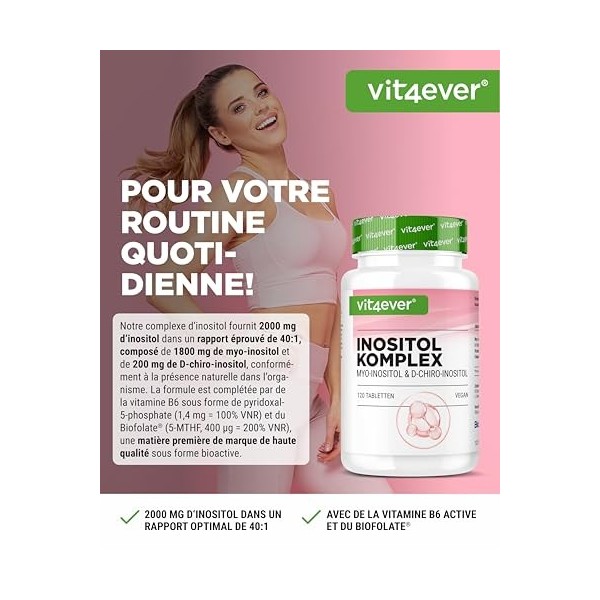 vit4ever Comprimés Inositol 120 Pièces - Myo & D-Chiro dans un ratio optimal - Avec 400 µg d’Acide Folique & 1,4 mg de Vitami