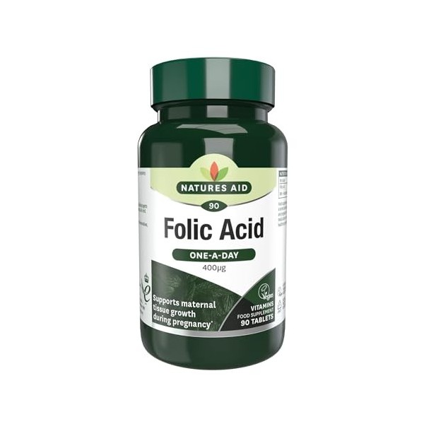 Natures Aid Comprimés Dacide Folique du Soir 400 mcg - Vitamine B9 Végétalienne - Soins de Grossesse Croissance des Tissus M