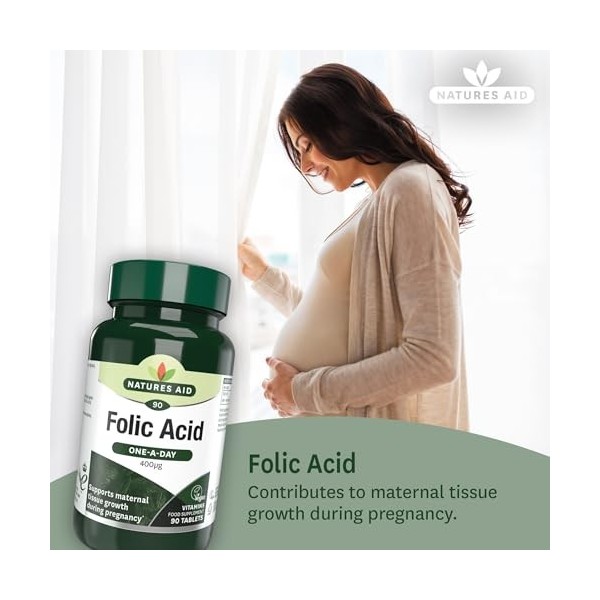 Natures Aid Comprimés Dacide Folique du Soir 400 mcg - Vitamine B9 Végétalienne - Soins de Grossesse Croissance des Tissus M