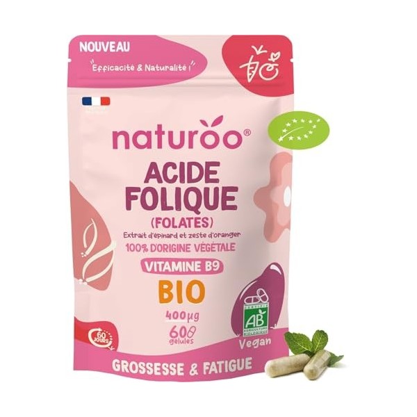 Acide Folique - Folates Bio Vitamine B9 - Végétal & biologique - 60 Gélules Vegan 2 mois - Grossesse, Fatigue, Immunité,