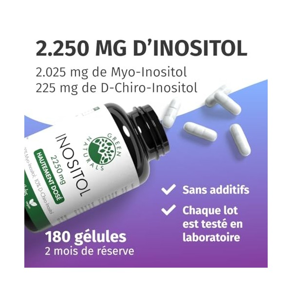 Green Naturals® Inositol – Hautement dosé 2 250 mg avec ratio 90:10 myo-inositol & D-chiro-inositol – Issu de fermentation 