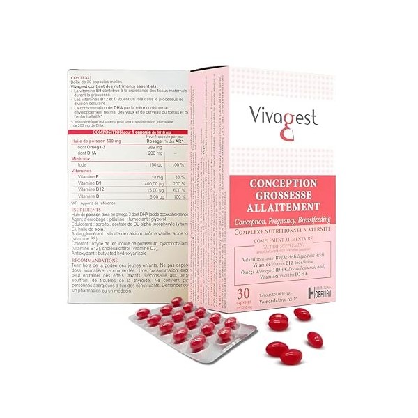 Vivagest – Complément Triple Action Fertilité, préconception, grossesse, allaitement - Omégas-3, DHA, Vit. B9+B12, Iode, Vit.