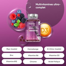 Myo Inositol D Chiro Inositol Gummies + Acide Folique, Zinc, Vitamine B6, D3, B12, Chrome, Canneberge 90 Gommes Vegan - Selon