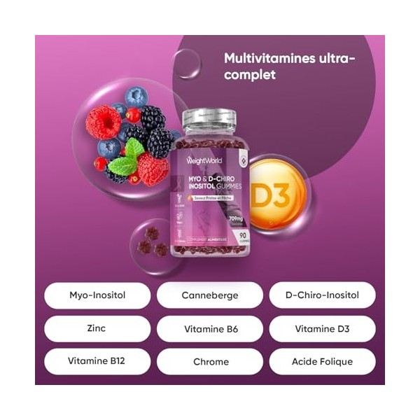 Myo Inositol D Chiro Inositol Gummies + Acide Folique, Zinc, Vitamine B6, D3, B12, Chrome, Canneberge 90 Gommes Vegan - Selon