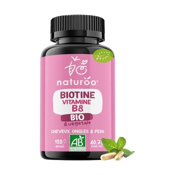 Biotine Vitamine B8 BIO - Végétale & biologique - 120 Gélules Vegan 4 mois - Cheveux, Peau, Ongles, Système Nerveux - Haute