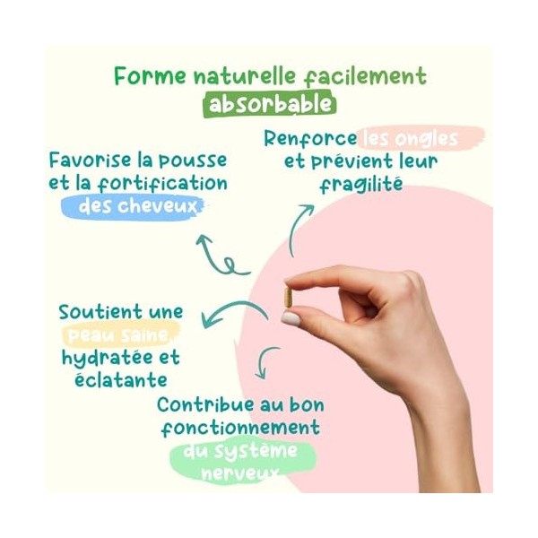 Biotine Vitamine B8 BIO - Végétale & biologique - 120 Gélules Vegan 4 mois - Cheveux, Peau, Ongles, Système Nerveux - Haute